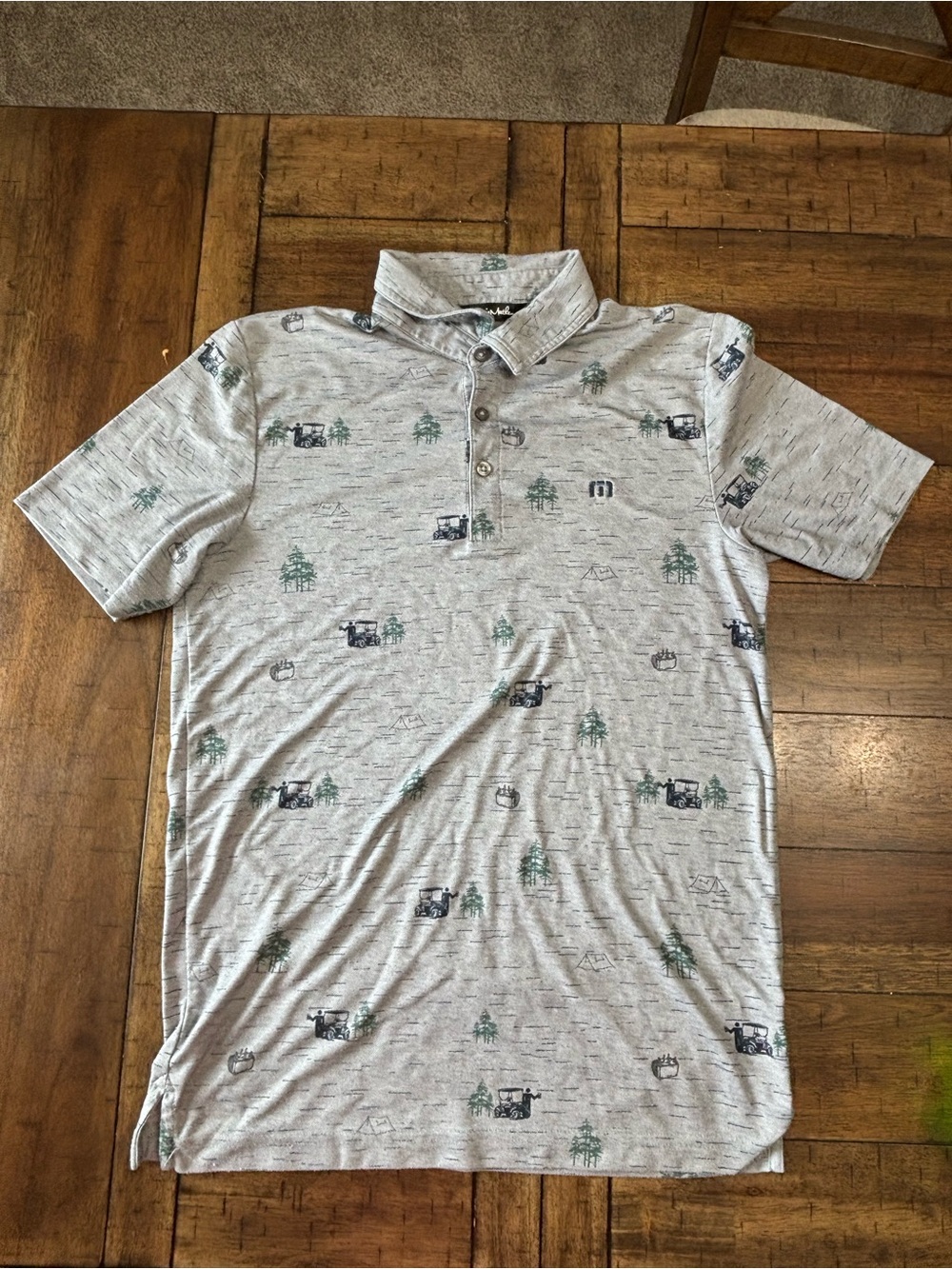 TravisMathew Light Gray Polo with Green & Navy Outdoor Motif